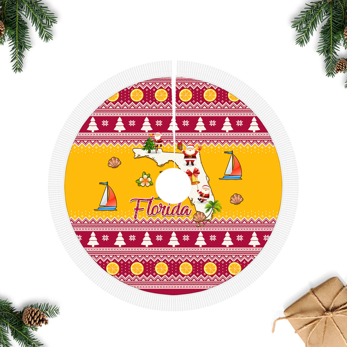 Florida Christmas Tree Skirt Santa Claus Florida Map With Orange - Wonder Print Shop