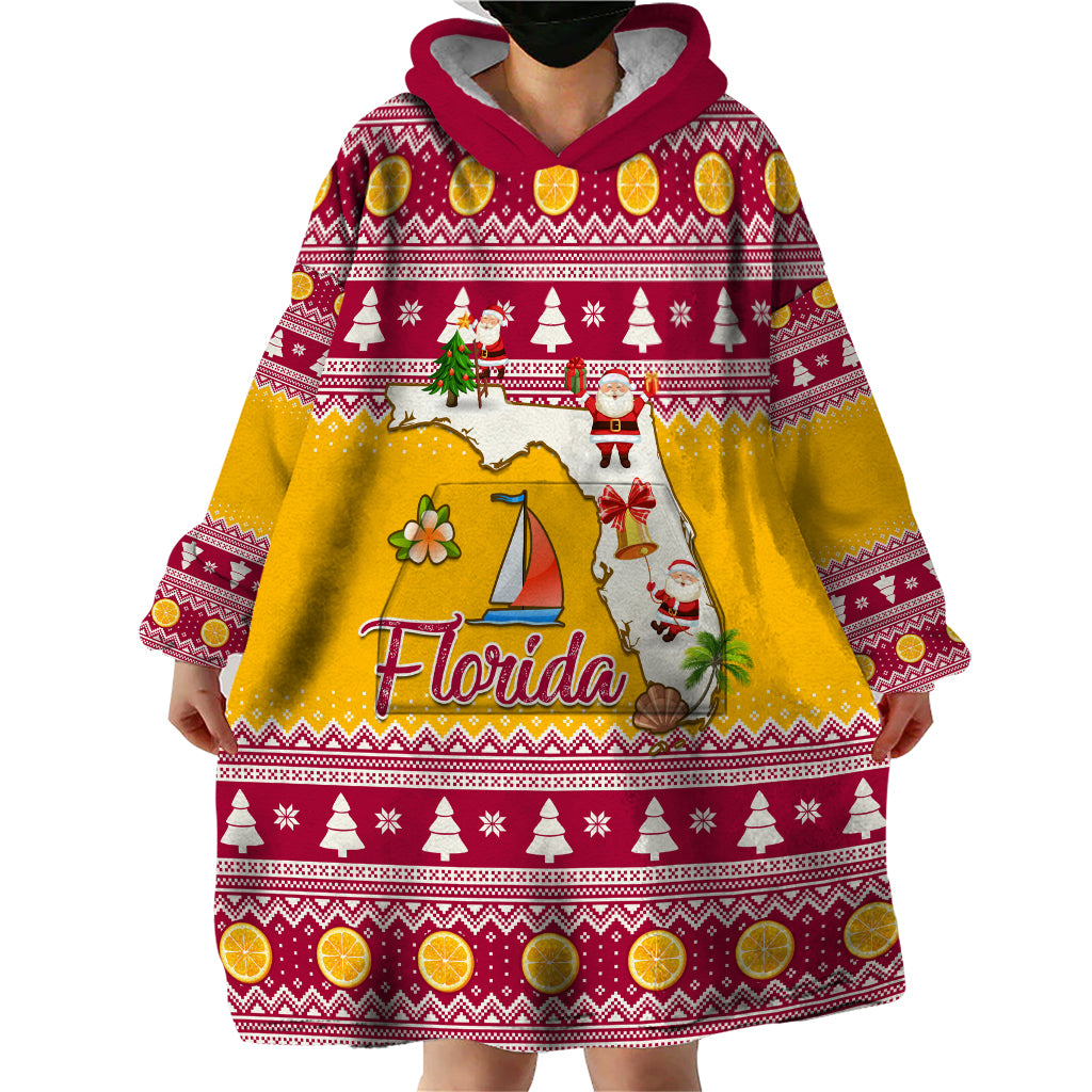 Florida Christmas Wearable Blanket Hoodie Santa Claus Florida Map With Orange - Wonder Print Shop