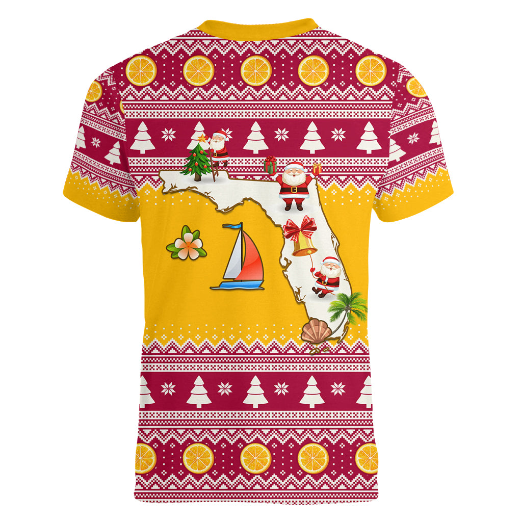 Florida Christmas Women V Neck T Shirt Santa Claus Florida Map With Orange - Wonder Print Shop