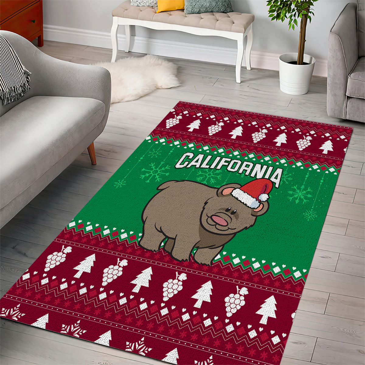 Custom California Christmas Area Rug Santa Grizzly Bear With Grape - Wonder Print Shop