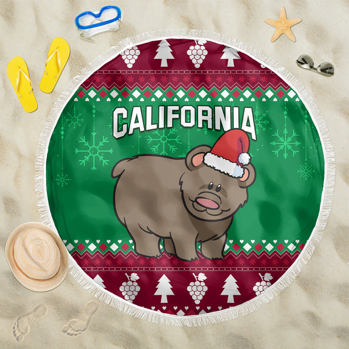 Custom California Christmas Beach Blanket Santa Grizzly Bear With Grape - Wonder Print Shop
