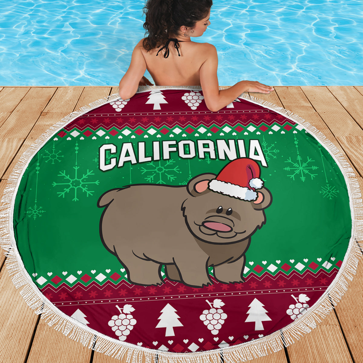 Custom California Christmas Beach Blanket Santa Grizzly Bear With Grape - Wonder Print Shop