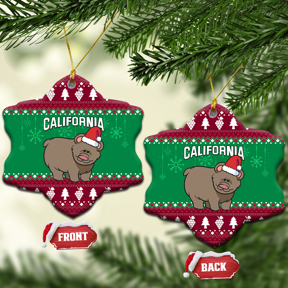 California Christmas Ceramic Ornament Santa Grizzly Bear With Grape - Wonder Print Shop