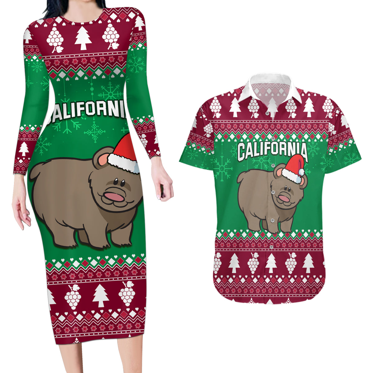 Custom California Christmas Couples Matching Long Sleeve Bodycon Dress and Hawaiian Shirt Santa Grizzly Bear With Grape - Wonder Print Shop