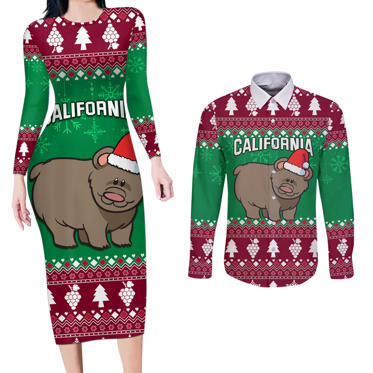 Custom California Christmas Couples Matching Long Sleeve Bodycon Dress and Long Sleeve Button Shirt Santa Grizzly Bear With Grape - Wonder Print Shop