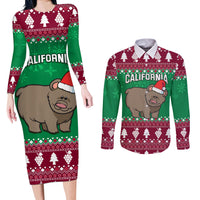 Custom California Christmas Couples Matching Long Sleeve Bodycon Dress and Long Sleeve Button Shirt Santa Grizzly Bear With Grape - Wonder Print Shop