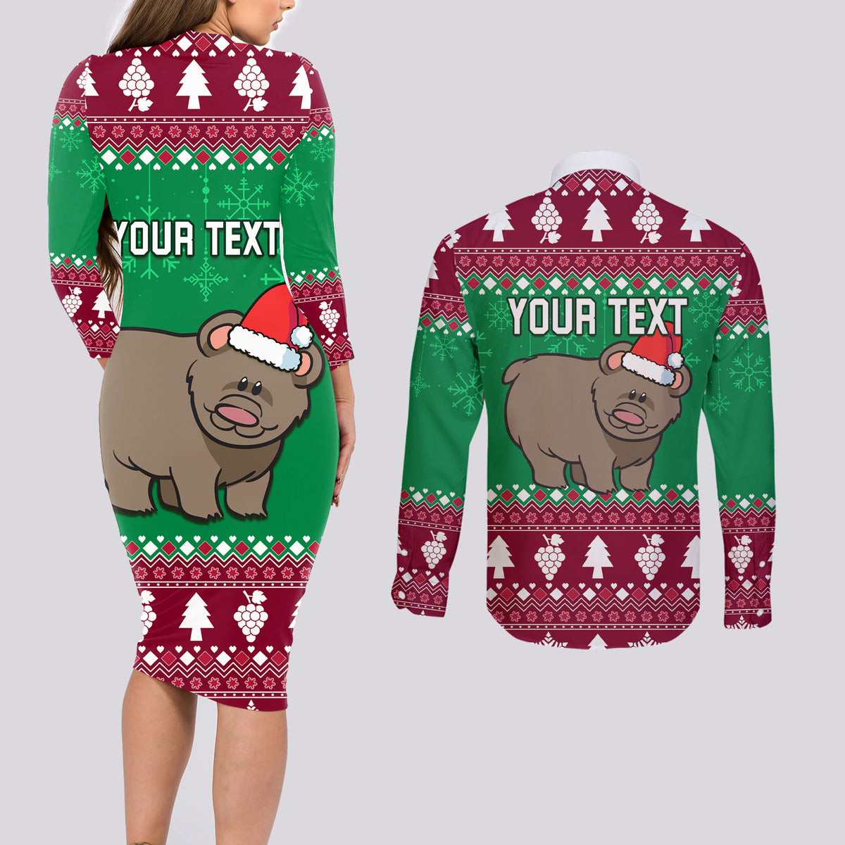 Custom California Christmas Couples Matching Long Sleeve Bodycon Dress and Long Sleeve Button Shirt Santa Grizzly Bear With Grape - Wonder Print Shop