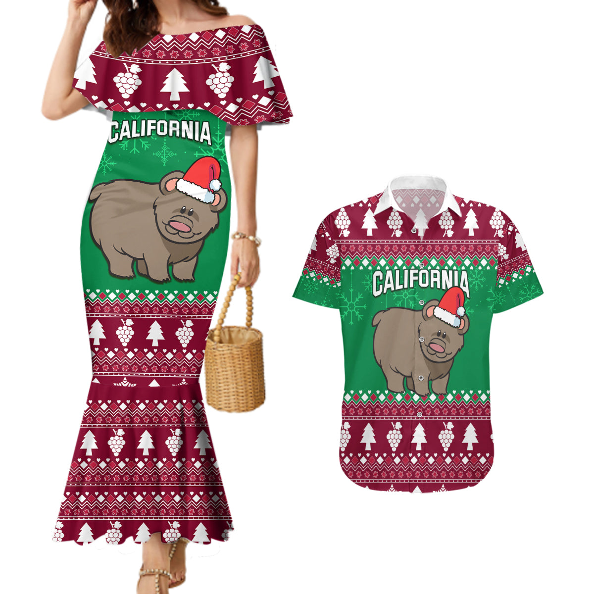 Custom California Christmas Couples Matching Mermaid Dress and Hawaiian Shirt Santa Grizzly Bear With Grape - Wonder Print Shop