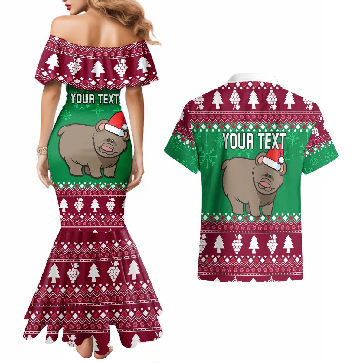 Custom California Christmas Couples Matching Mermaid Dress and Hawaiian Shirt Santa Grizzly Bear With Grape - Wonder Print Shop