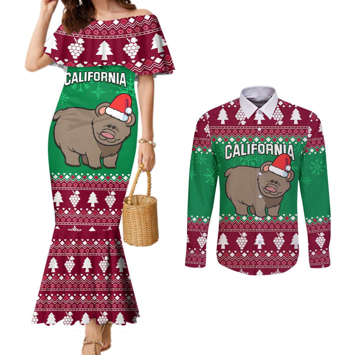 custom-california-christmas-couples-matching-mermaid-dress-and-long-sleeve-button-shirt-santa-grizzly-bear-with-grape
