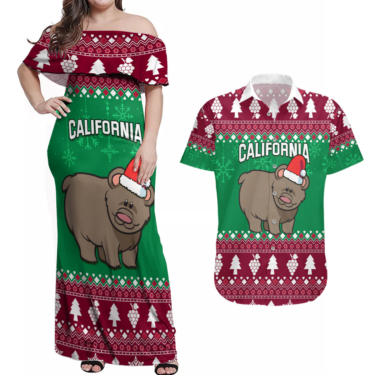 Custom California Christmas Couples Matching Off Shoulder Maxi Dress and Hawaiian Shirt Santa Grizzly Bear With Grape - Wonder Print Shop
