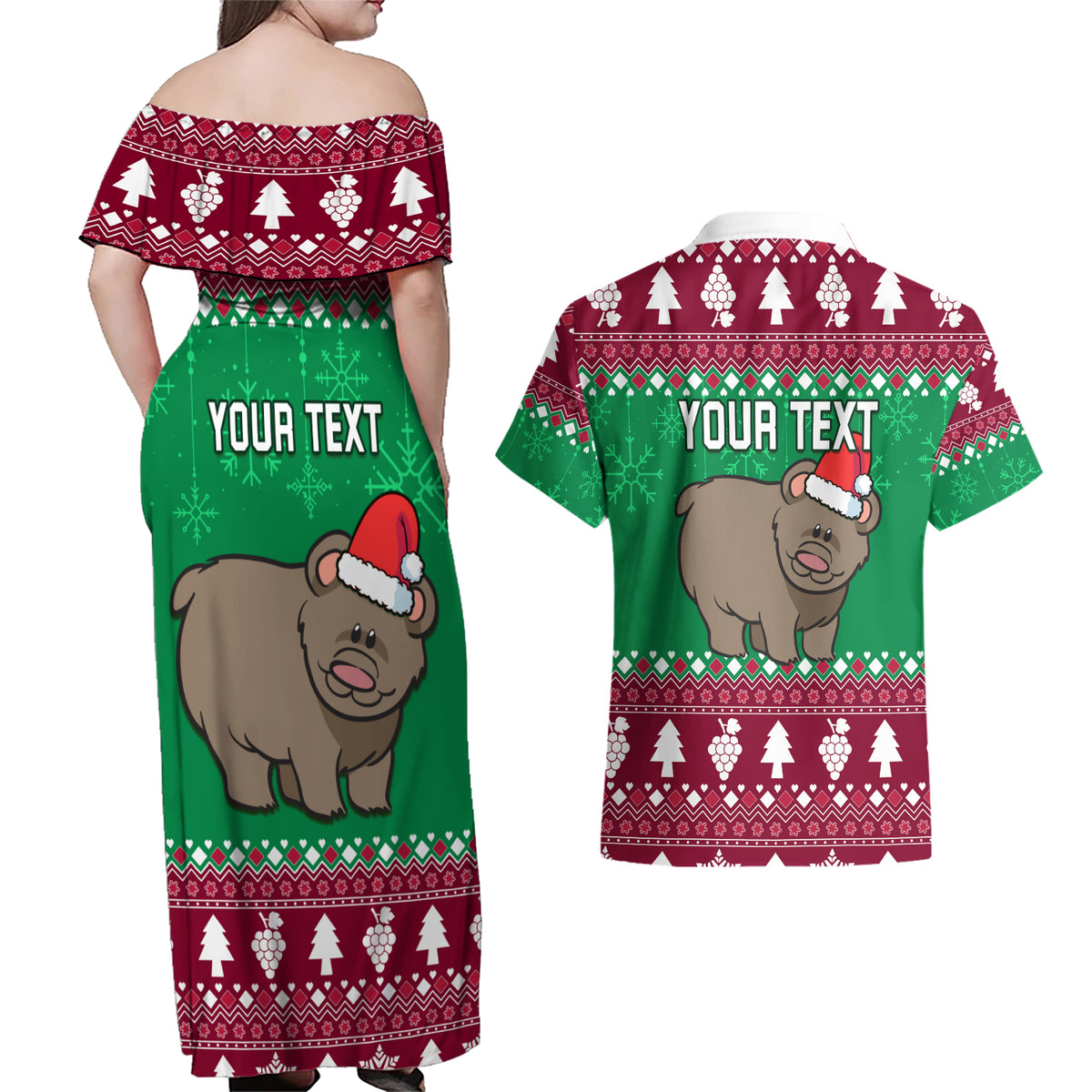Custom California Christmas Couples Matching Off Shoulder Maxi Dress and Hawaiian Shirt Santa Grizzly Bear With Grape - Wonder Print Shop