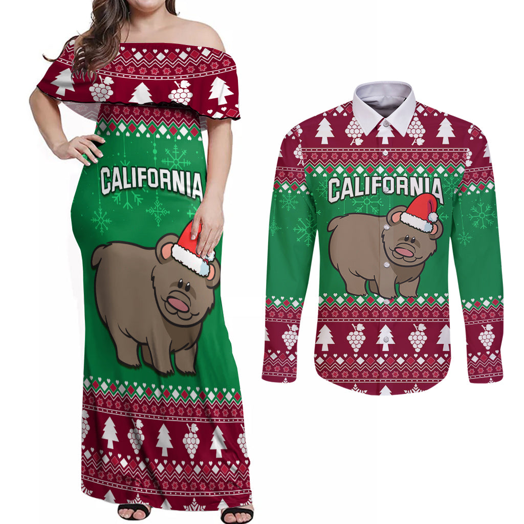 Custom California Christmas Couples Matching Off Shoulder Maxi Dress and Long Sleeve Button Shirt Santa Grizzly Bear With Grape - Wonder Print Shop