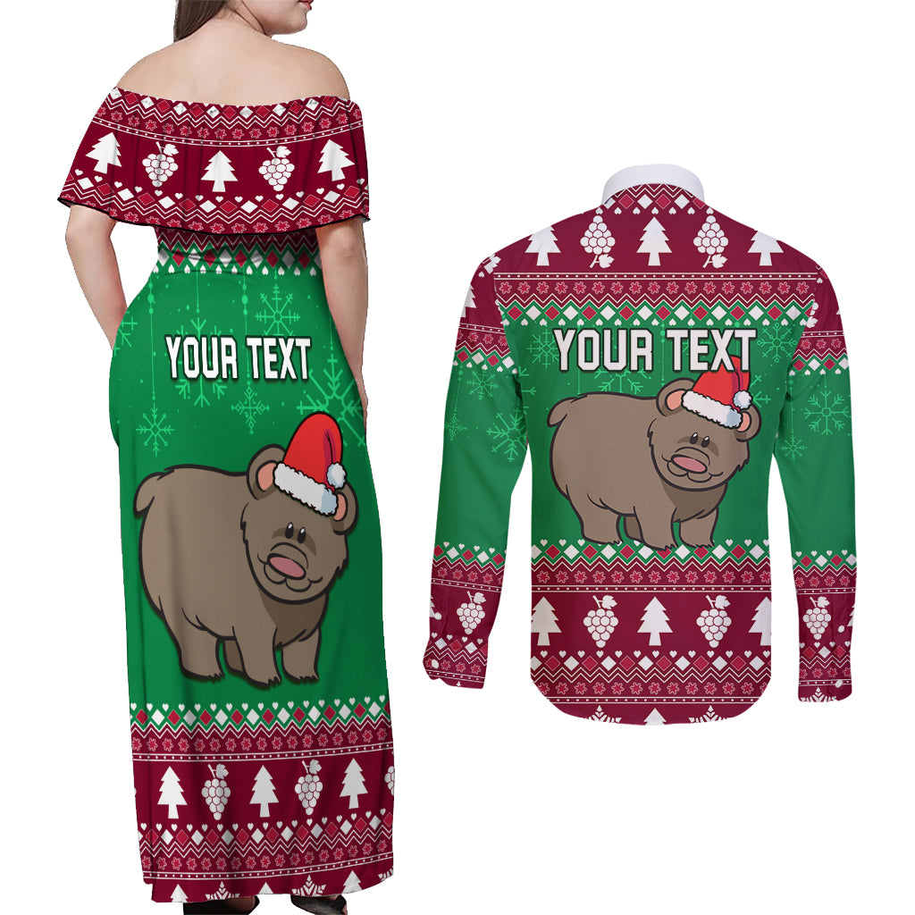 Custom California Christmas Couples Matching Off Shoulder Maxi Dress and Long Sleeve Button Shirt Santa Grizzly Bear With Grape - Wonder Print Shop