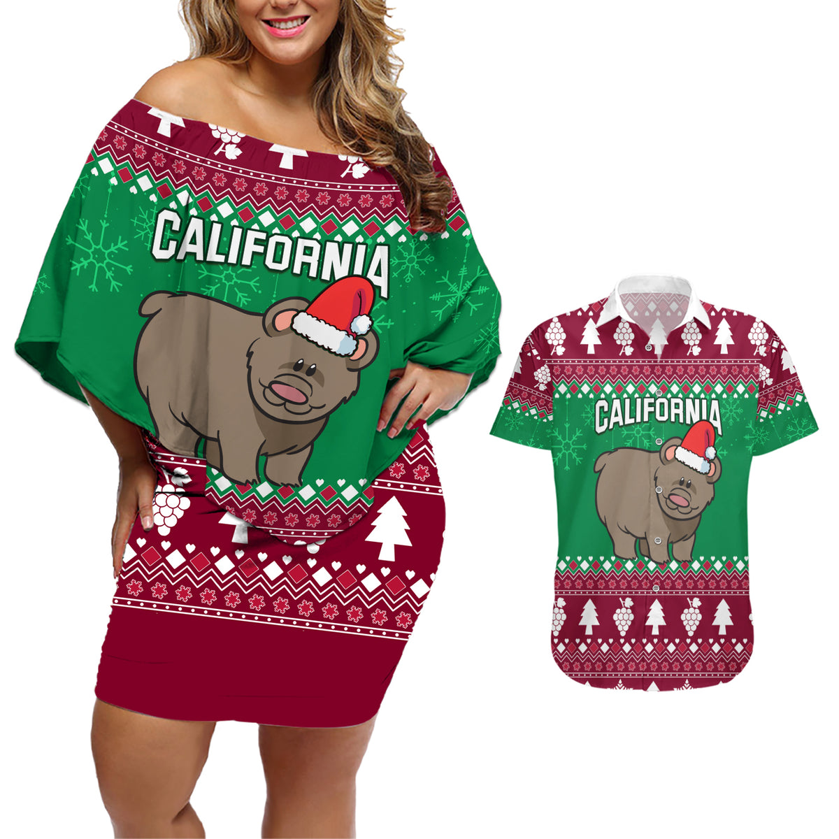 Custom California Christmas Couples Matching Off Shoulder Short Dress and Hawaiian Shirt Santa Grizzly Bear With Grape - Wonder Print Shop