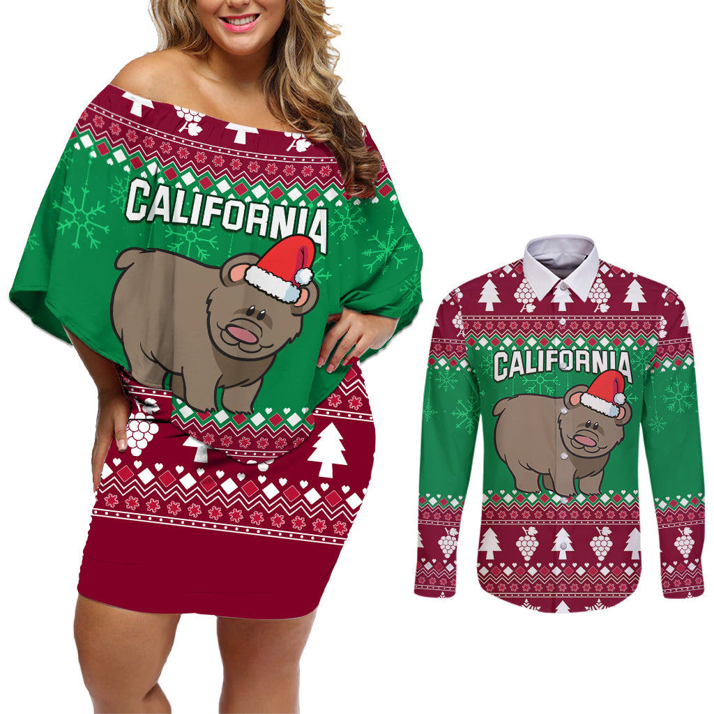 Custom California Christmas Couples Matching Off Shoulder Short Dress and Long Sleeve Button Shirt Santa Grizzly Bear With Grape - Wonder Print Shop
