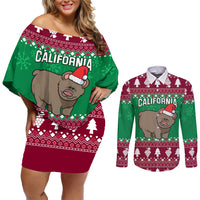 Custom California Christmas Couples Matching Off Shoulder Short Dress and Long Sleeve Button Shirt Santa Grizzly Bear With Grape - Wonder Print Shop
