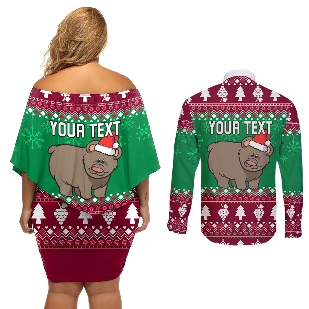 Custom California Christmas Couples Matching Off Shoulder Short Dress and Long Sleeve Button Shirt Santa Grizzly Bear With Grape - Wonder Print Shop