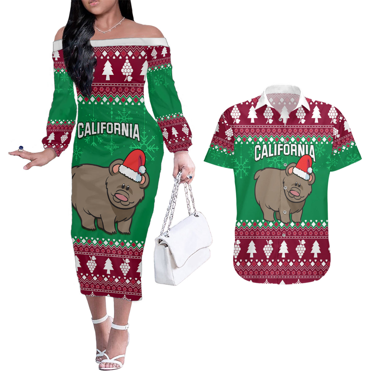 Custom California Christmas Couples Matching Off The Shoulder Long Sleeve Dress and Hawaiian Shirt Santa Grizzly Bear With Grape - Wonder Print Shop