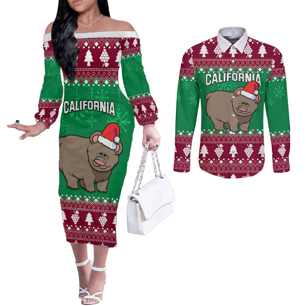 custom-california-christmas-couples-matching-off-the-shoulder-long-sleeve-dress-and-long-sleeve-button-shirt-santa-grizzly-bear-with-grape