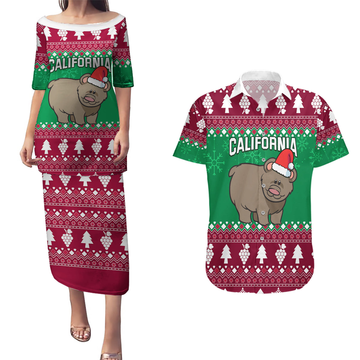 Custom California Christmas Couples Matching Puletasi Dress and Hawaiian Shirt Santa Grizzly Bear With Grape - Wonder Print Shop