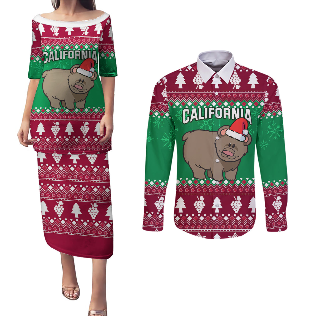 Custom California Christmas Couples Matching Puletasi Dress and Long Sleeve Button Shirt Santa Grizzly Bear With Grape - Wonder Print Shop