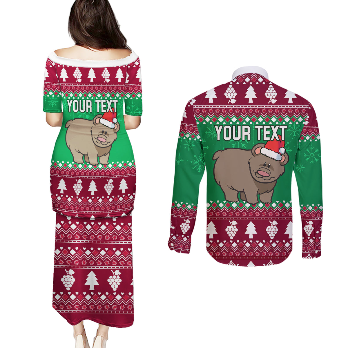 Custom California Christmas Couples Matching Puletasi Dress and Long Sleeve Button Shirt Santa Grizzly Bear With Grape - Wonder Print Shop