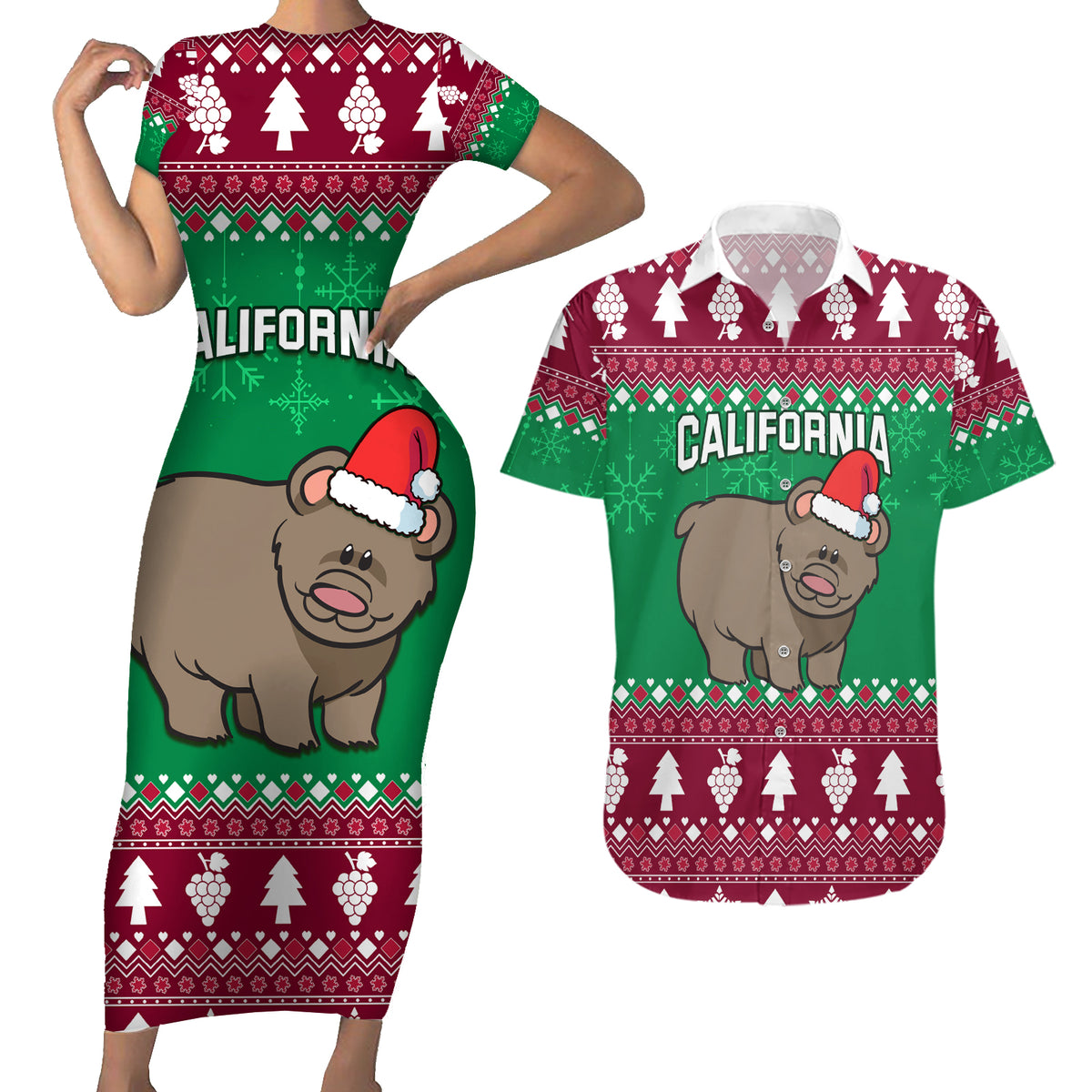 Custom California Christmas Couples Matching Short Sleeve Bodycon Dress and Hawaiian Shirt Santa Grizzly Bear With Grape - Wonder Print Shop