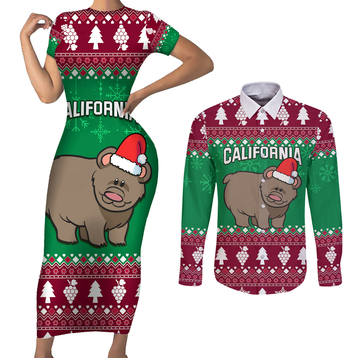 Custom California Christmas Couples Matching Short Sleeve Bodycon Dress and Long Sleeve Button Shirt Santa Grizzly Bear With Grape - Wonder Print Shop