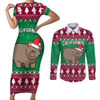 Custom California Christmas Couples Matching Short Sleeve Bodycon Dress and Long Sleeve Button Shirt Santa Grizzly Bear With Grape - Wonder Print Shop