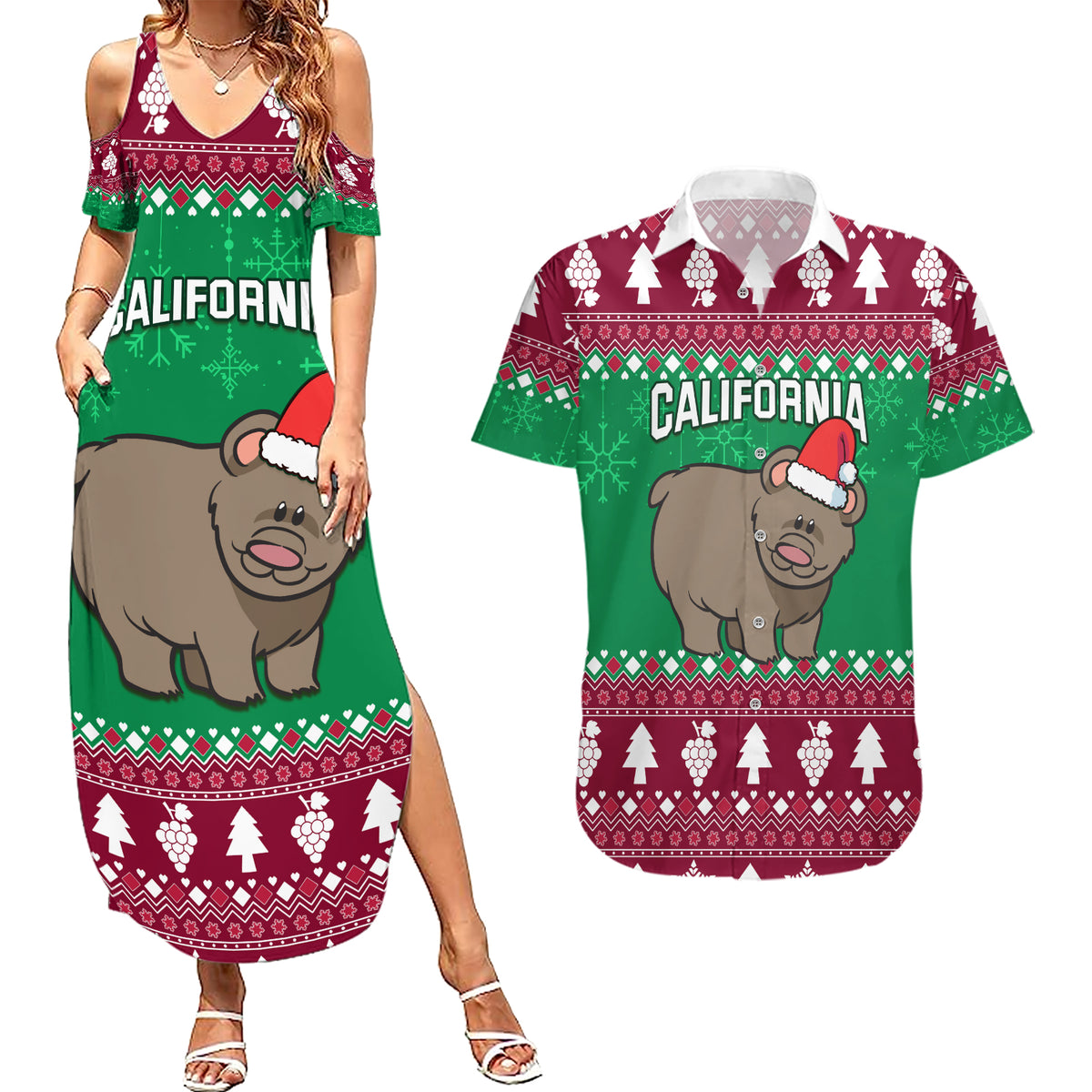 Custom California Christmas Couples Matching Summer Maxi Dress and Hawaiian Shirt Santa Grizzly Bear With Grape - Wonder Print Shop