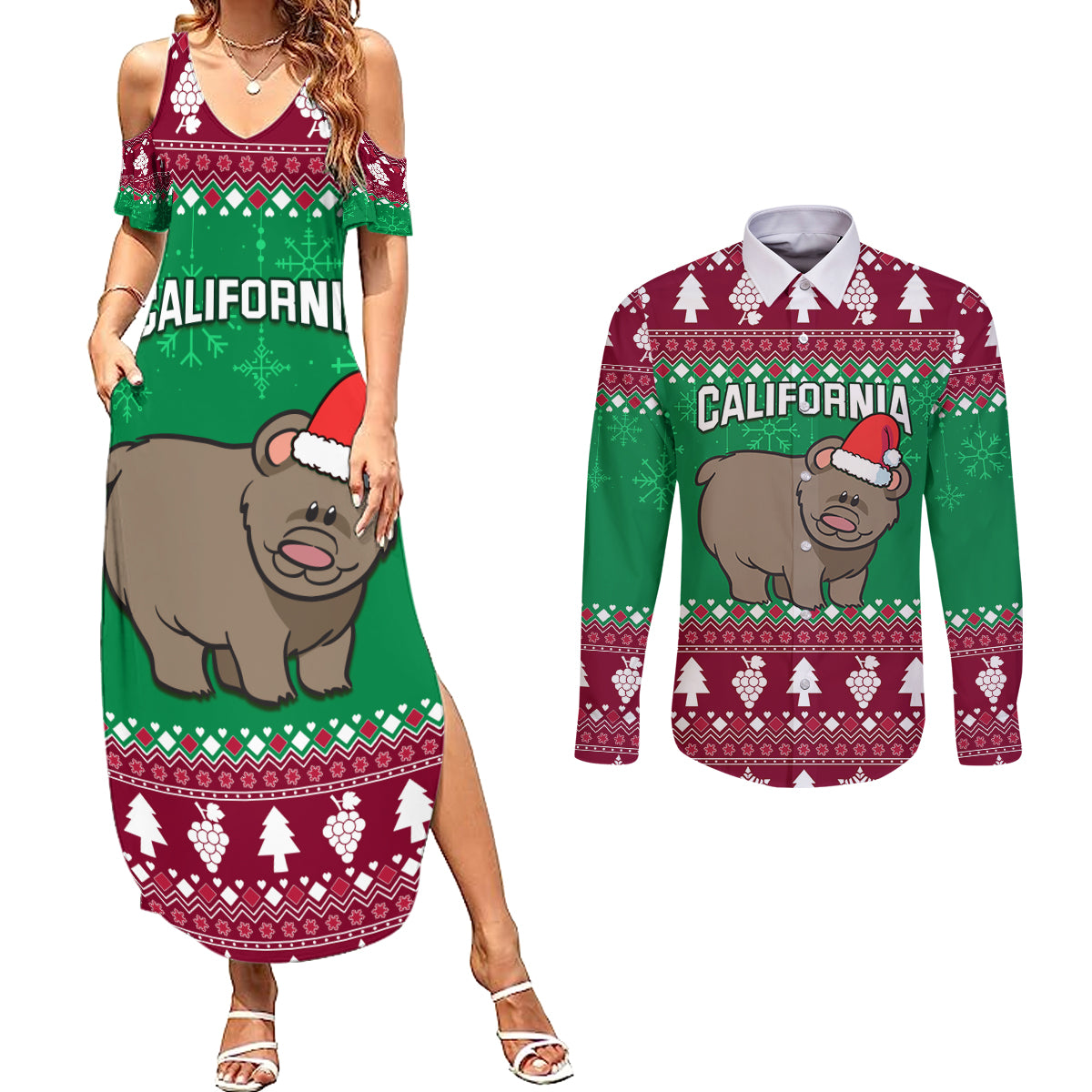 Custom California Christmas Couples Matching Summer Maxi Dress and Long Sleeve Button Shirt Santa Grizzly Bear With Grape - Wonder Print Shop