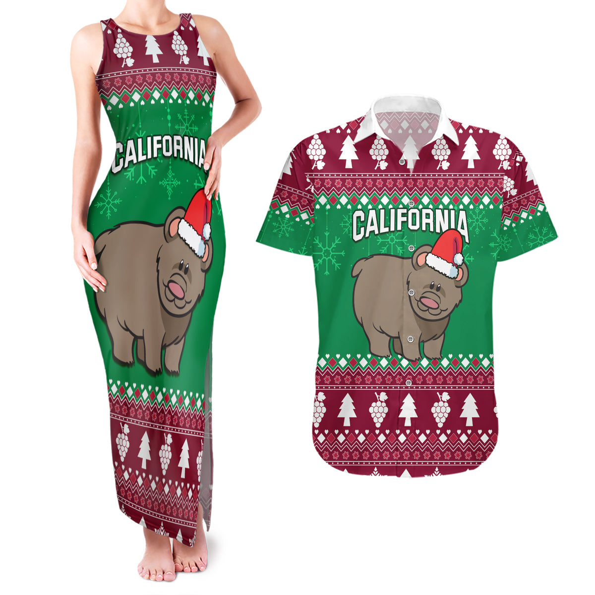 Custom California Christmas Couples Matching Tank Maxi Dress and Hawaiian Shirt Santa Grizzly Bear With Grape - Wonder Print Shop