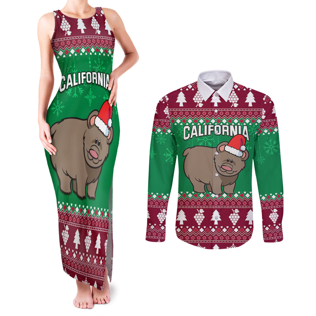 Custom California Christmas Couples Matching Tank Maxi Dress and Long Sleeve Button Shirt Santa Grizzly Bear With Grape - Wonder Print Shop