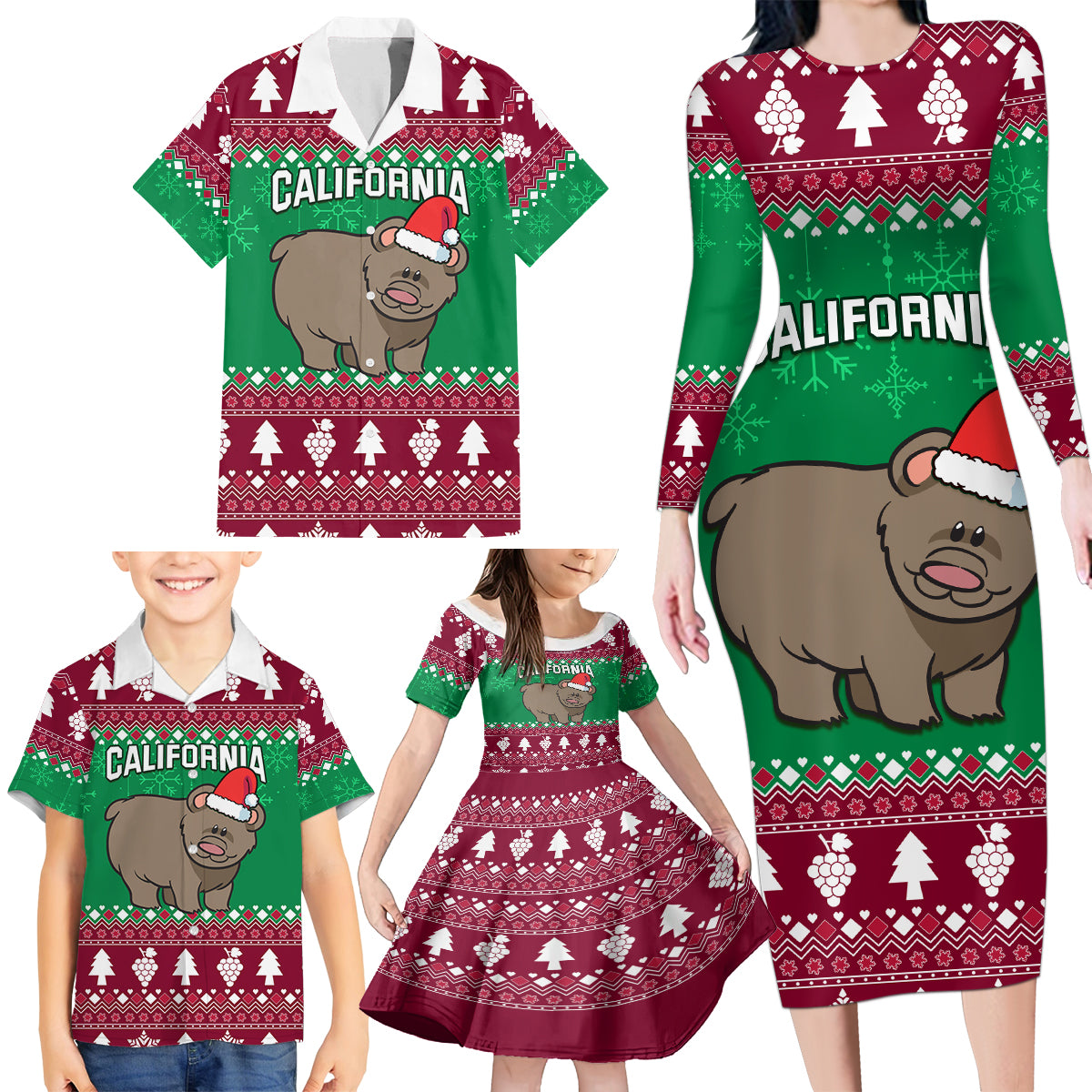 Custom California Christmas Family Matching Long Sleeve Bodycon Dress and Hawaiian Shirt Santa Grizzly Bear With Grape - Wonder Print Shop