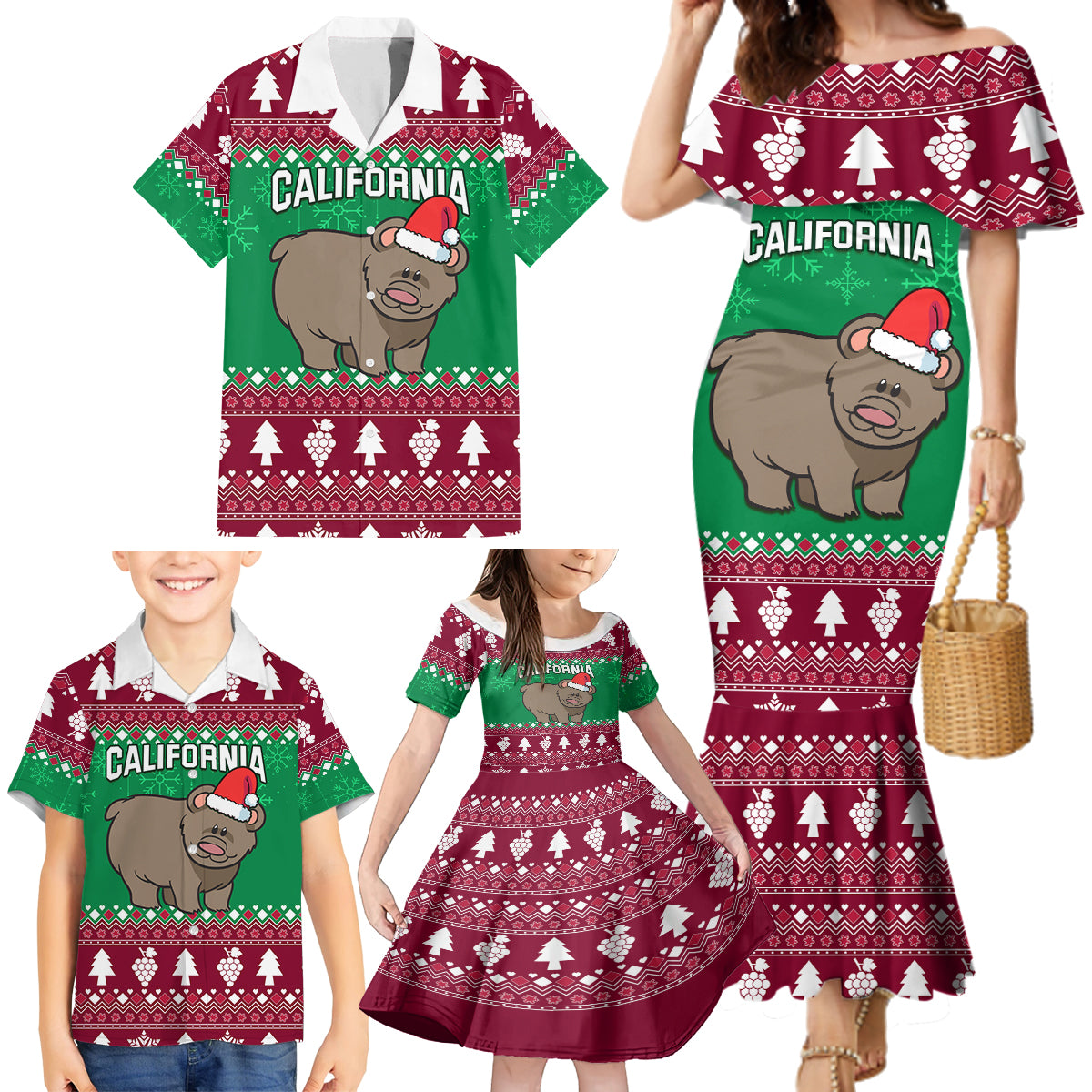 Custom California Christmas Family Matching Mermaid Dress and Hawaiian Shirt Santa Grizzly Bear With Grape - Wonder Print Shop