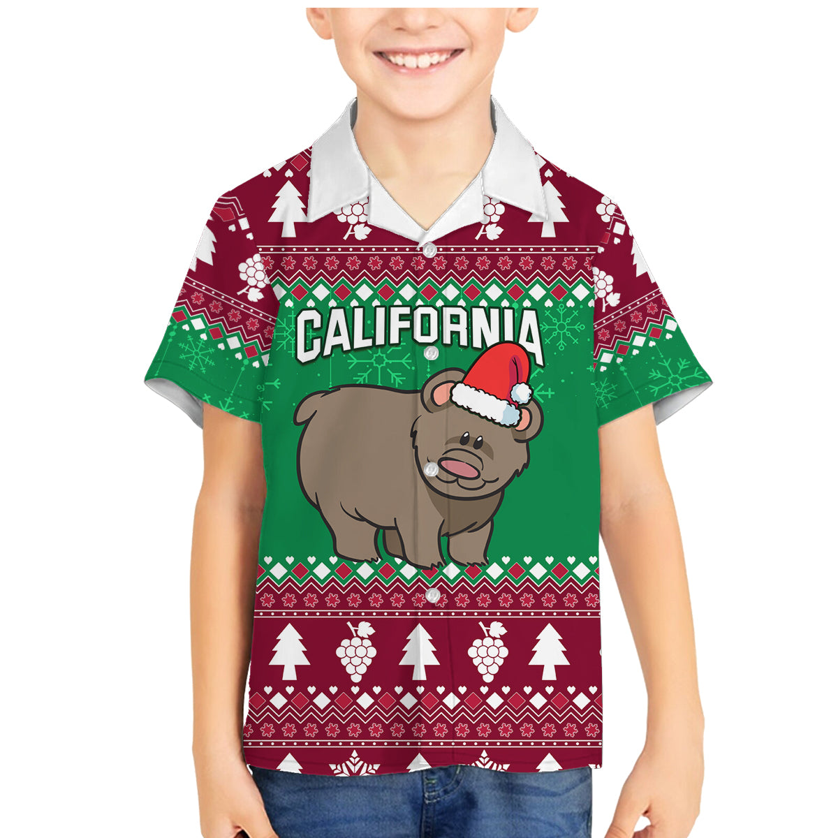 Custom California Christmas Family Matching Mermaid Dress and Hawaiian Shirt Santa Grizzly Bear With Grape - Wonder Print Shop