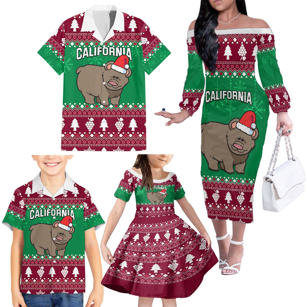 Custom California Christmas Family Matching Off Shoulder Long Sleeve Dress and Hawaiian Shirt Santa Grizzly Bear With Grape - Wonder Print Shop