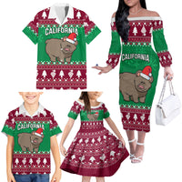 Custom California Christmas Family Matching Off Shoulder Long Sleeve Dress and Hawaiian Shirt Santa Grizzly Bear With Grape - Wonder Print Shop
