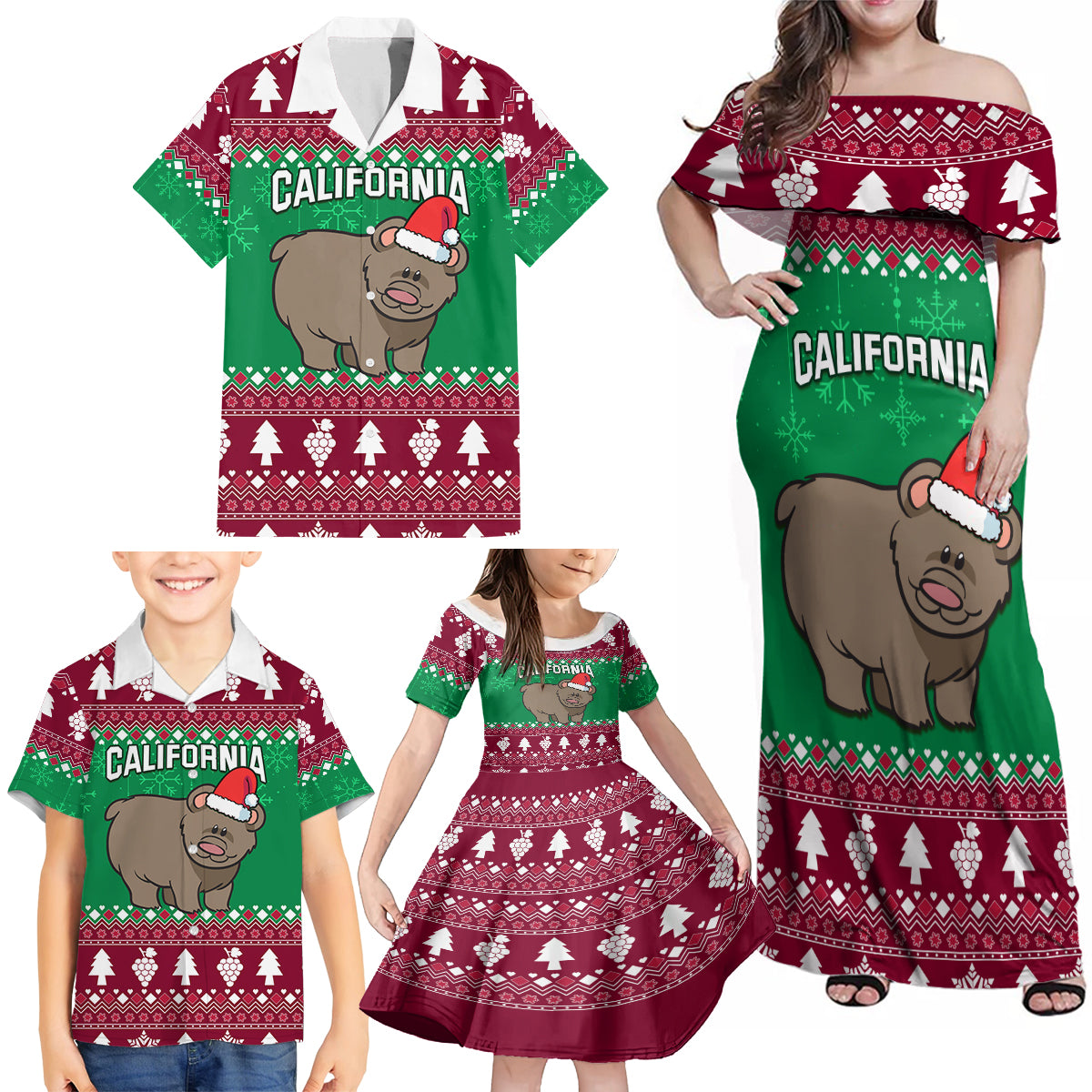 Custom California Christmas Family Matching Off Shoulder Maxi Dress and Hawaiian Shirt Santa Grizzly Bear With Grape - Wonder Print Shop
