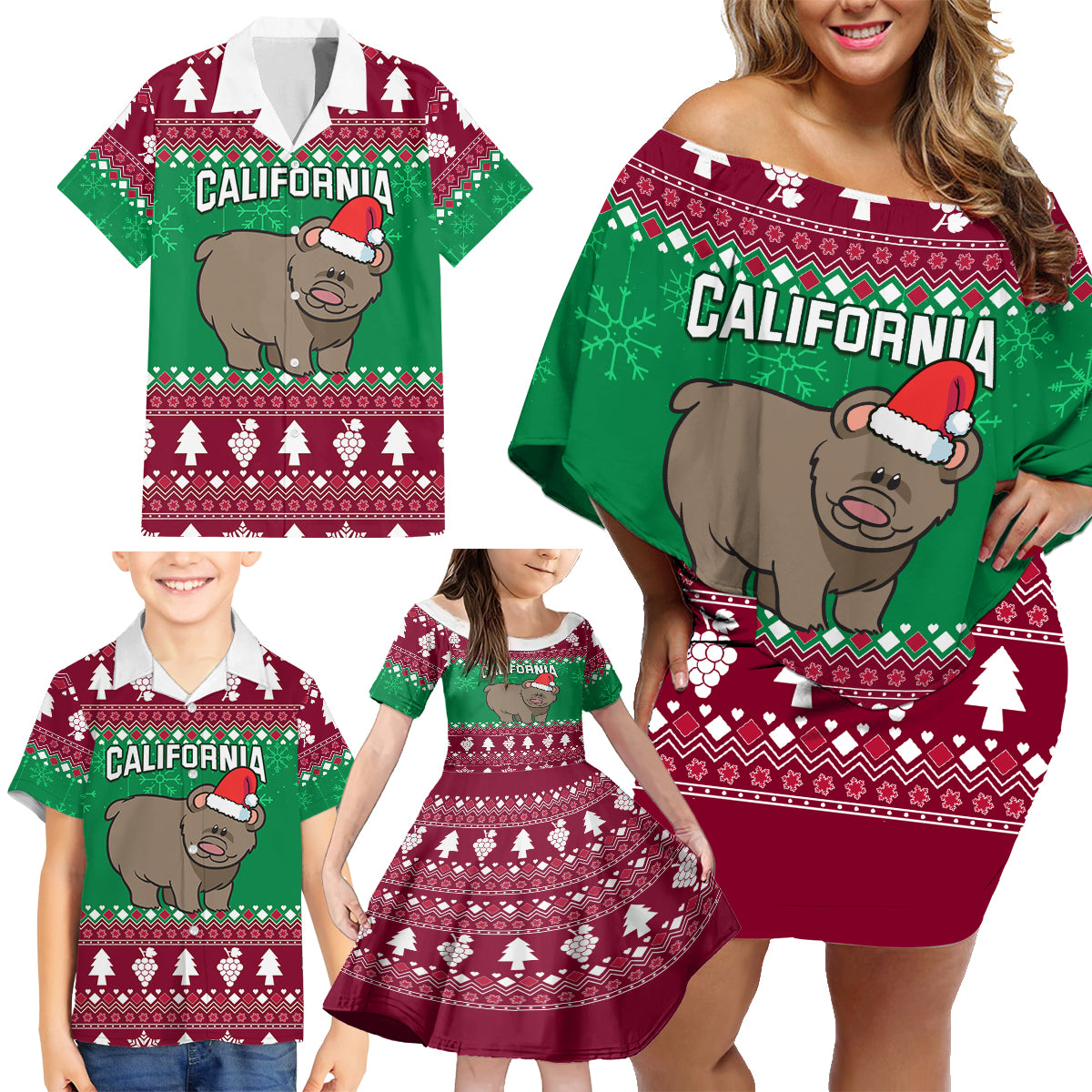 Custom California Christmas Family Matching Off Shoulder Short Dress and Hawaiian Shirt Santa Grizzly Bear With Grape - Wonder Print Shop