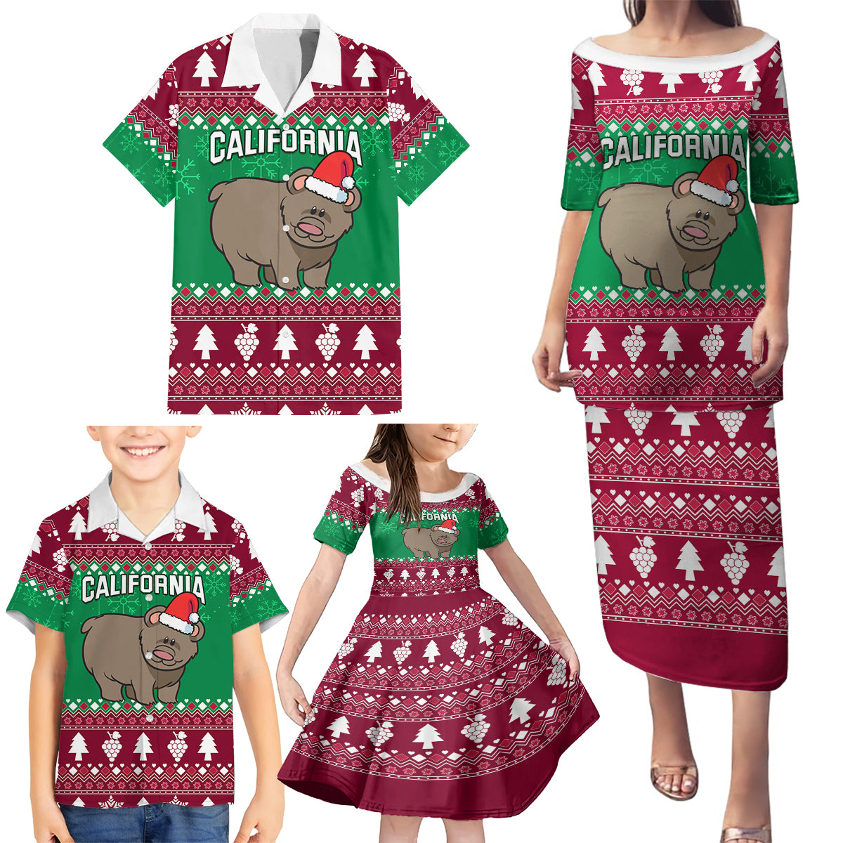 Custom California Christmas Family Matching Puletasi Dress and Hawaiian Shirt Santa Grizzly Bear With Grape - Wonder Print Shop