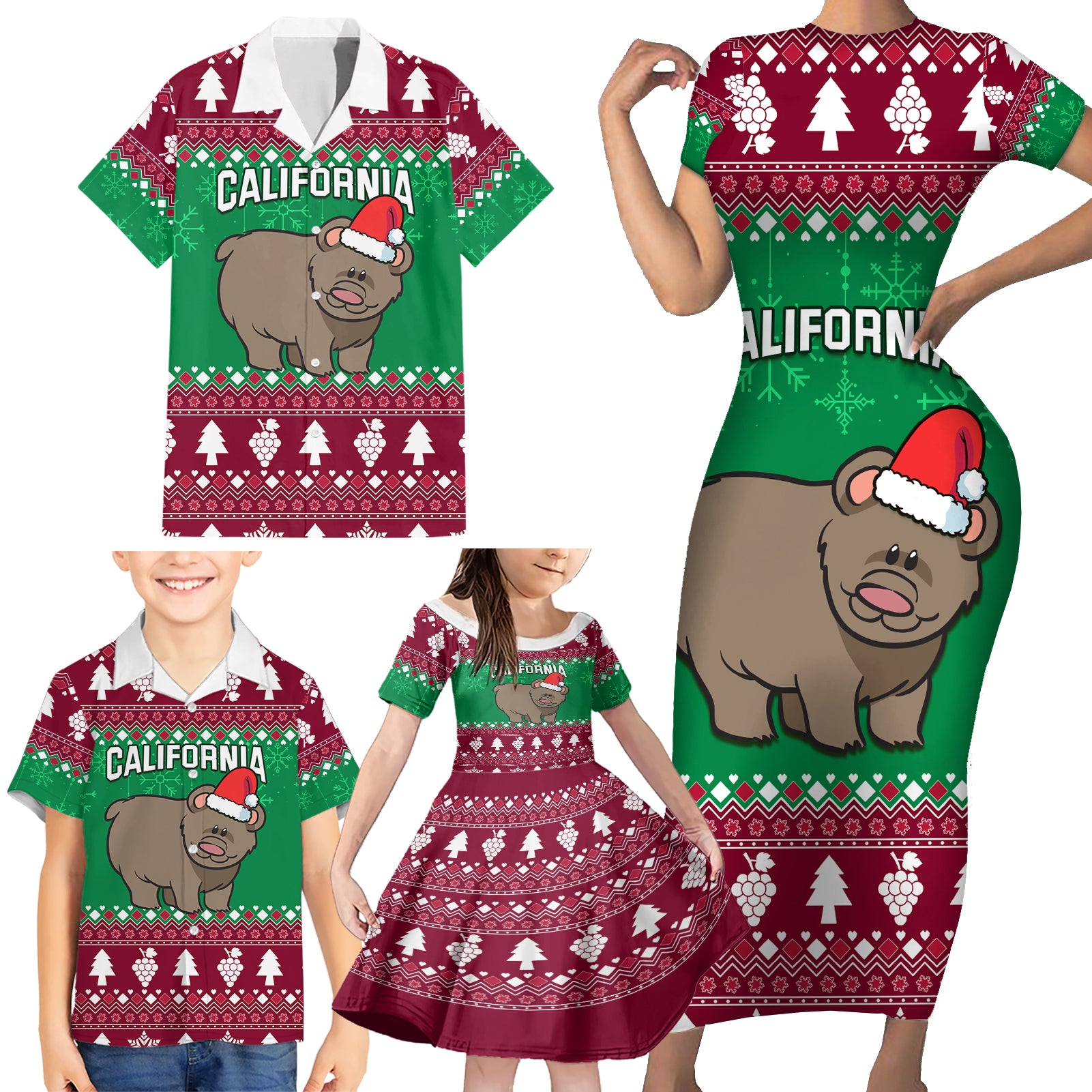Custom California Christmas Family Matching Short Sleeve Bodycon Dress and Hawaiian Shirt Santa Grizzly Bear With Grape - Wonder Print Shop