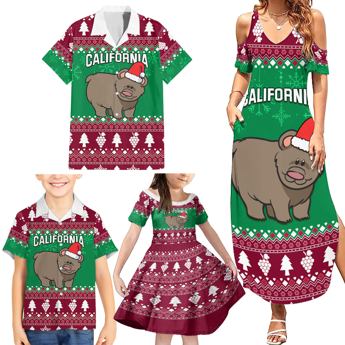 Custom California Christmas Family Matching Summer Maxi Dress and Hawaiian Shirt Santa Grizzly Bear With Grape - Wonder Print Shop