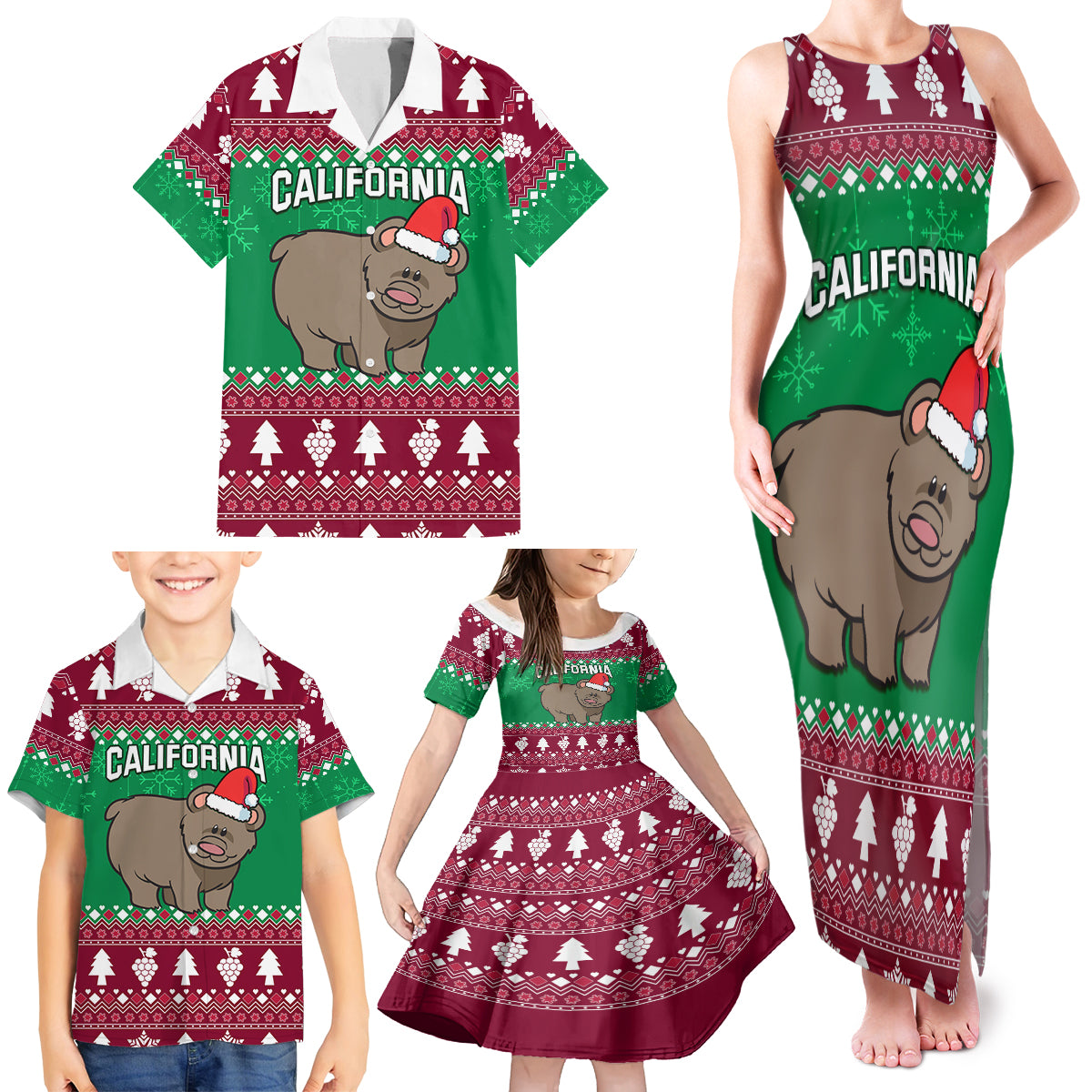 Custom California Christmas Family Matching Tank Maxi Dress and Hawaiian Shirt Santa Grizzly Bear With Grape - Wonder Print Shop