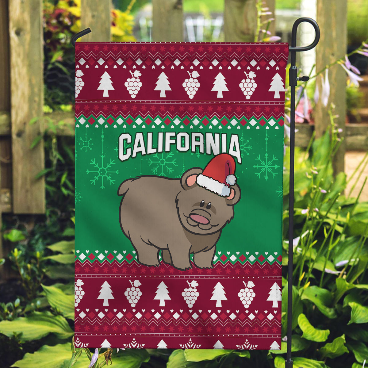 Custom California Christmas Garden Flag Santa Grizzly Bear With Grape - Wonder Print Shop