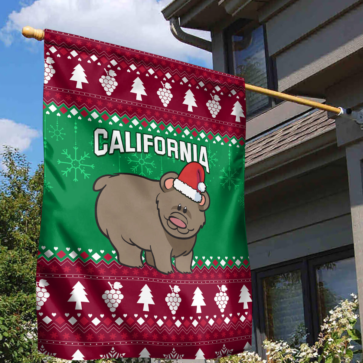 Custom California Christmas Garden Flag Santa Grizzly Bear With Grape - Wonder Print Shop