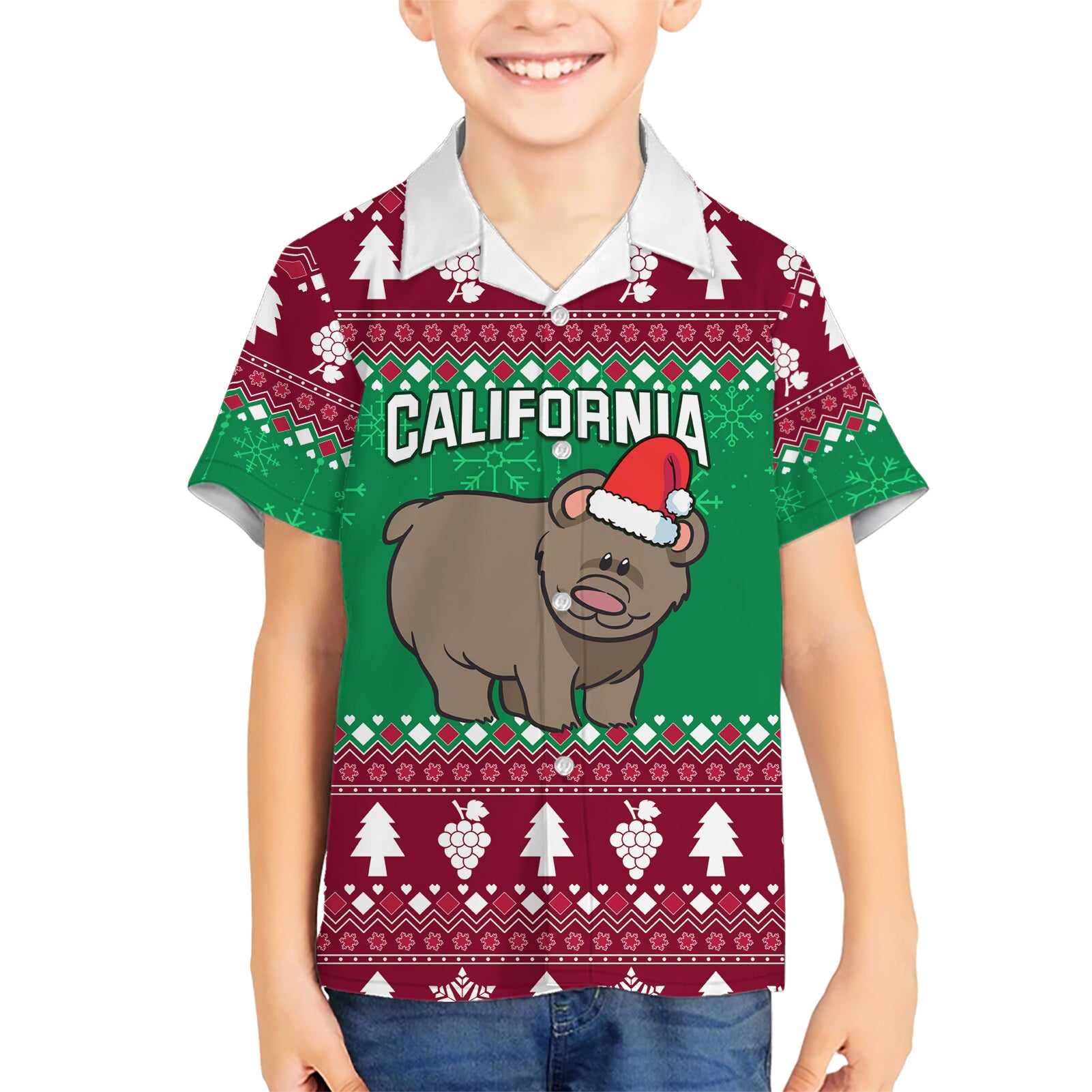 Custom California Christmas Kid Hawaiian Shirt Santa Grizzly Bear With Grape - Wonder Print Shop