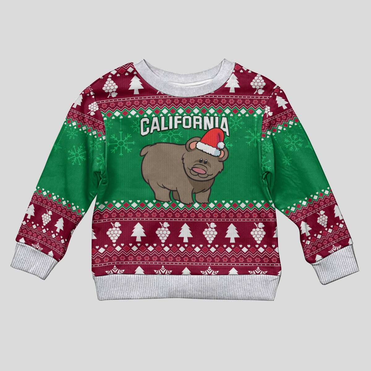 Custom California Christmas Kid Ugly Christmas Sweater Santa Grizzly Bear With Grape - Wonder Print Shop