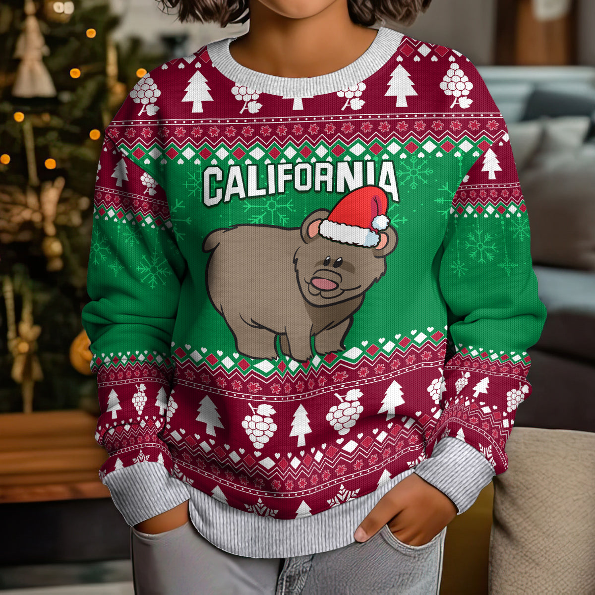 Custom California Christmas Kid Ugly Christmas Sweater Santa Grizzly Bear With Grape - Wonder Print Shop